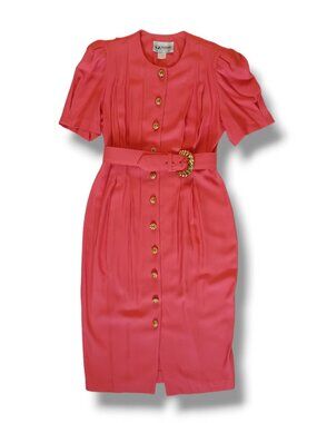 Vintage Wiggle Dress Midi 80s Coral Button Detail Pleated S.L. Fashions Size 10